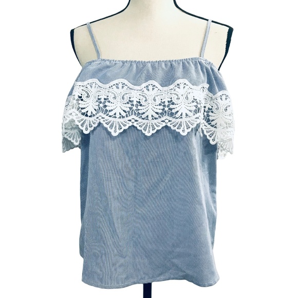 iris Tops - Iris Blue & White Striped Top with Lace